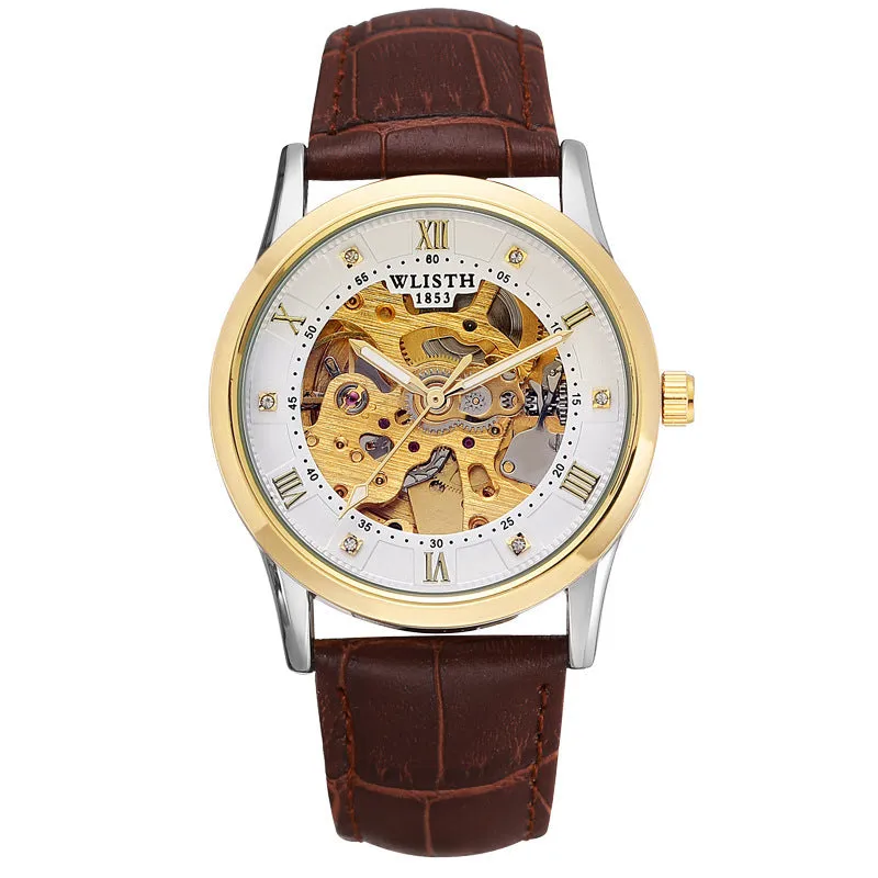 Gold shell men's automatic mechanical watch with brown leather strap, 40mm dial, white surface