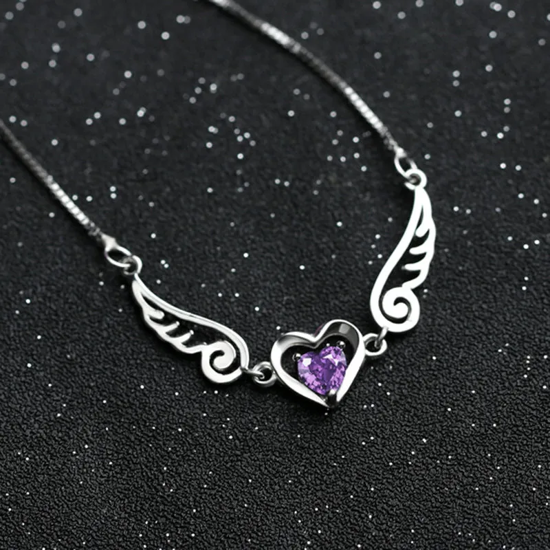 925 sterling silver angel wings pendant necklace with purple crystal heart on 45cm link chain