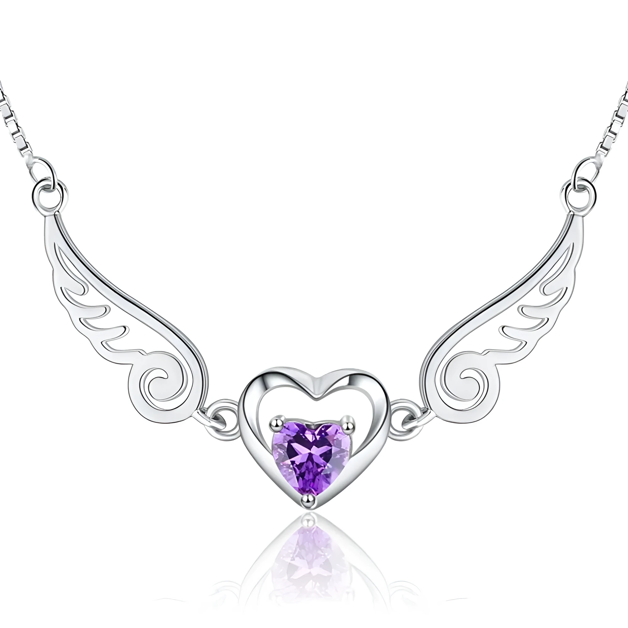 925 sterling silver angel wings pendant necklace with purple crystal heart on 45cm link chain