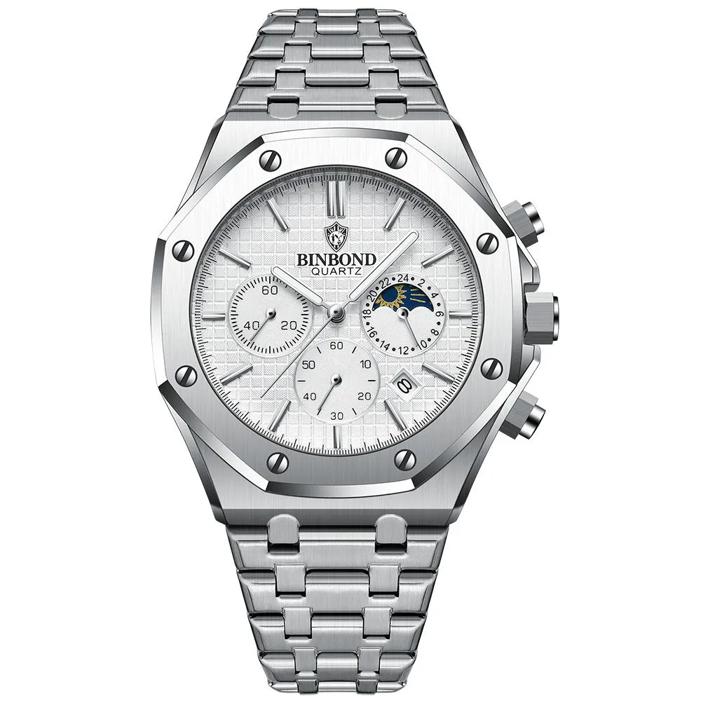 Men's multi-function sports watch with 42mm round metal dial, quartz movement, and butterfly buckle strap