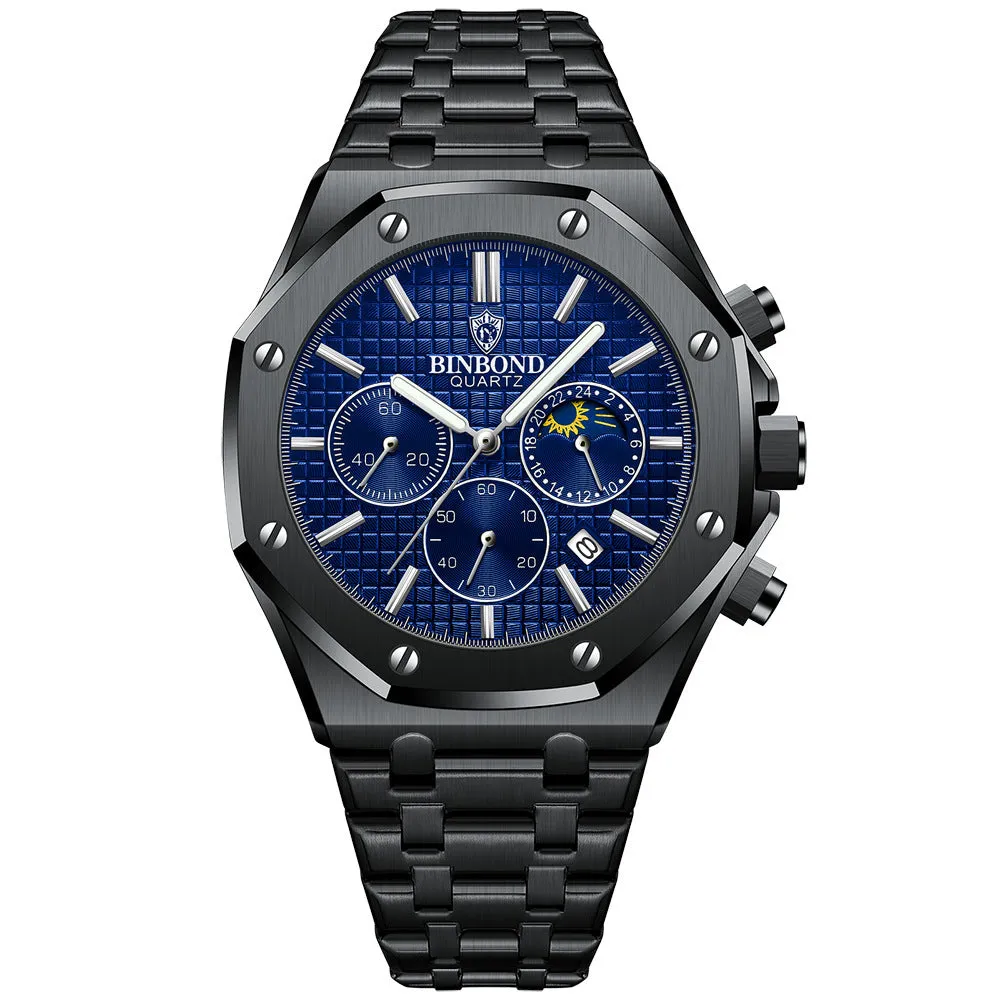 Men's multi-function sports watch with 42mm round metal dial, quartz movement, and butterfly buckle strap