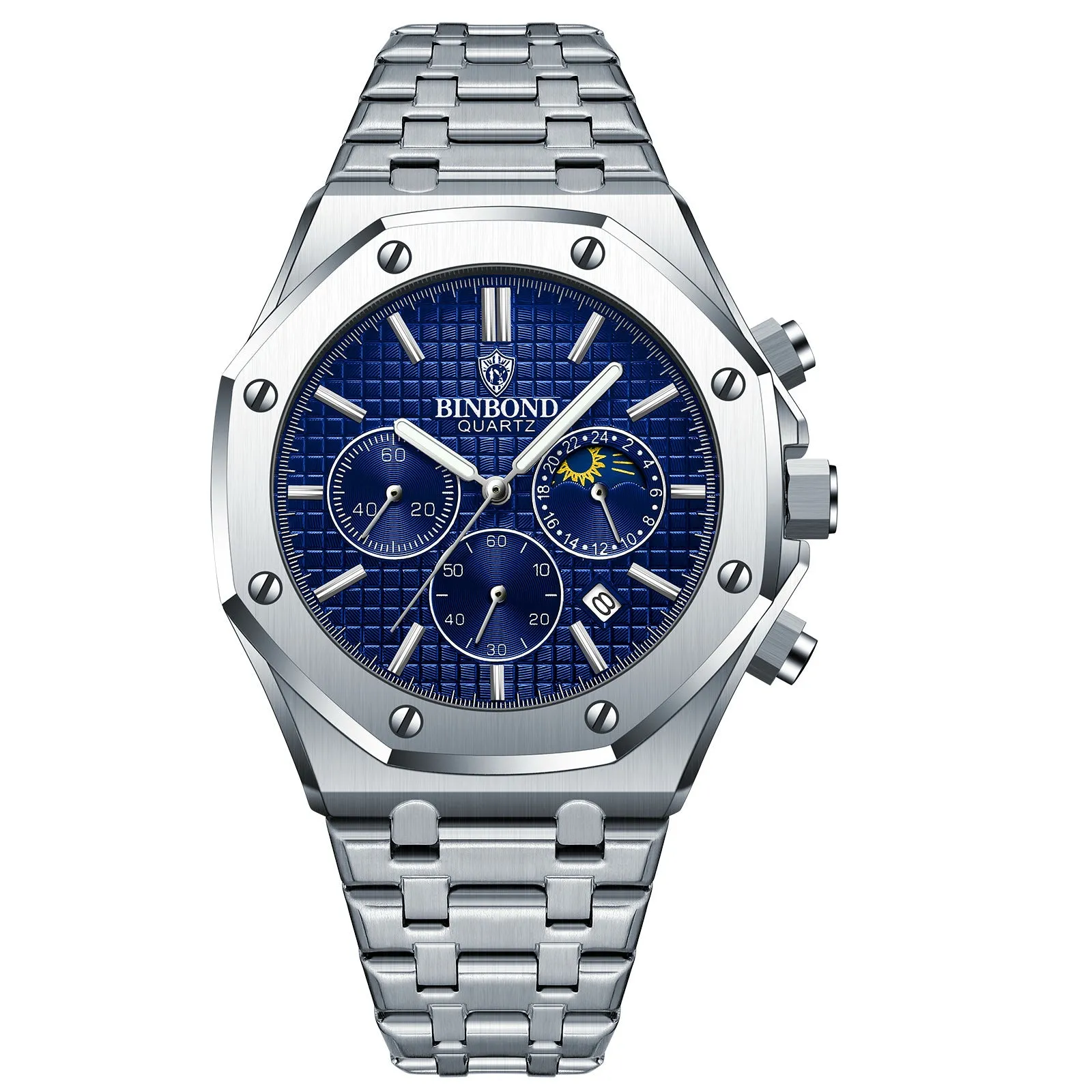 Men's multi-function sports watch with 42mm round metal dial, quartz movement, and butterfly buckle strap