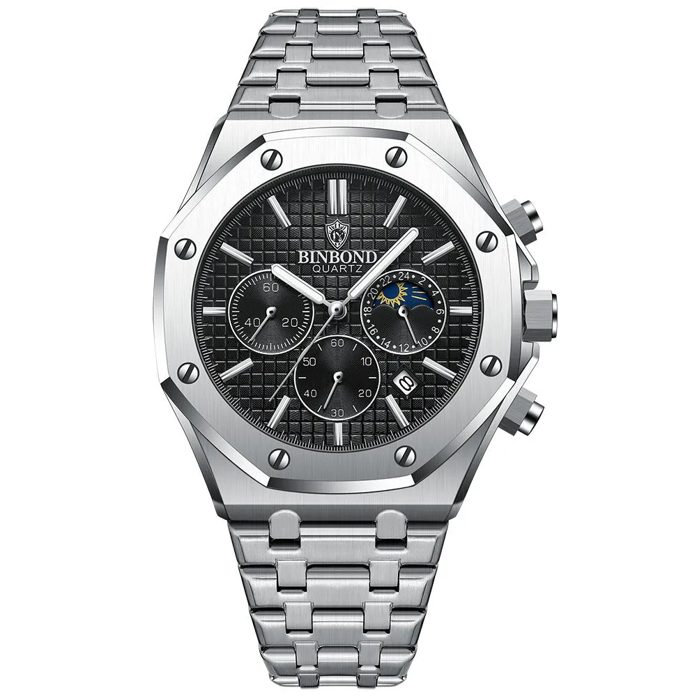 Men's multi-function sports watch with 42mm round metal dial, quartz movement, and butterfly buckle strap