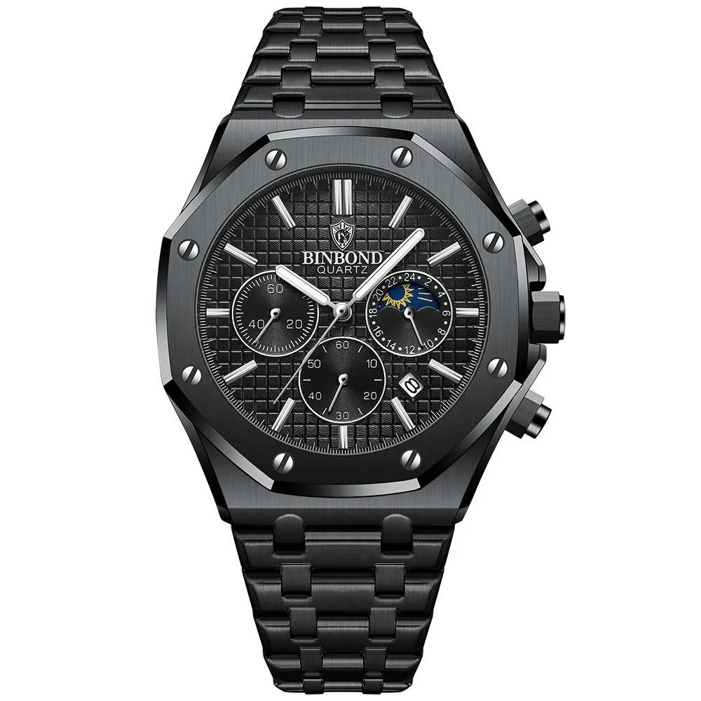 Men's multi-function sports watch with 42mm round metal dial, quartz movement, and butterfly buckle strap