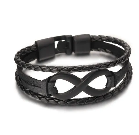 Unisex leather figure 8 bracelet in black and brown colours, geometric shape, individually packed