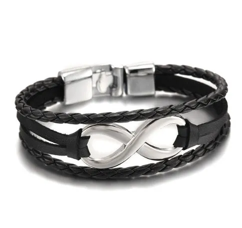 Unisex leather figure 8 bracelet in black and brown colours, geometric shape, individually packed
