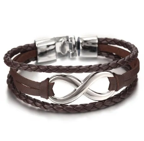 Unisex leather figure 8 bracelet in black and brown colours, geometric shape, individually packed