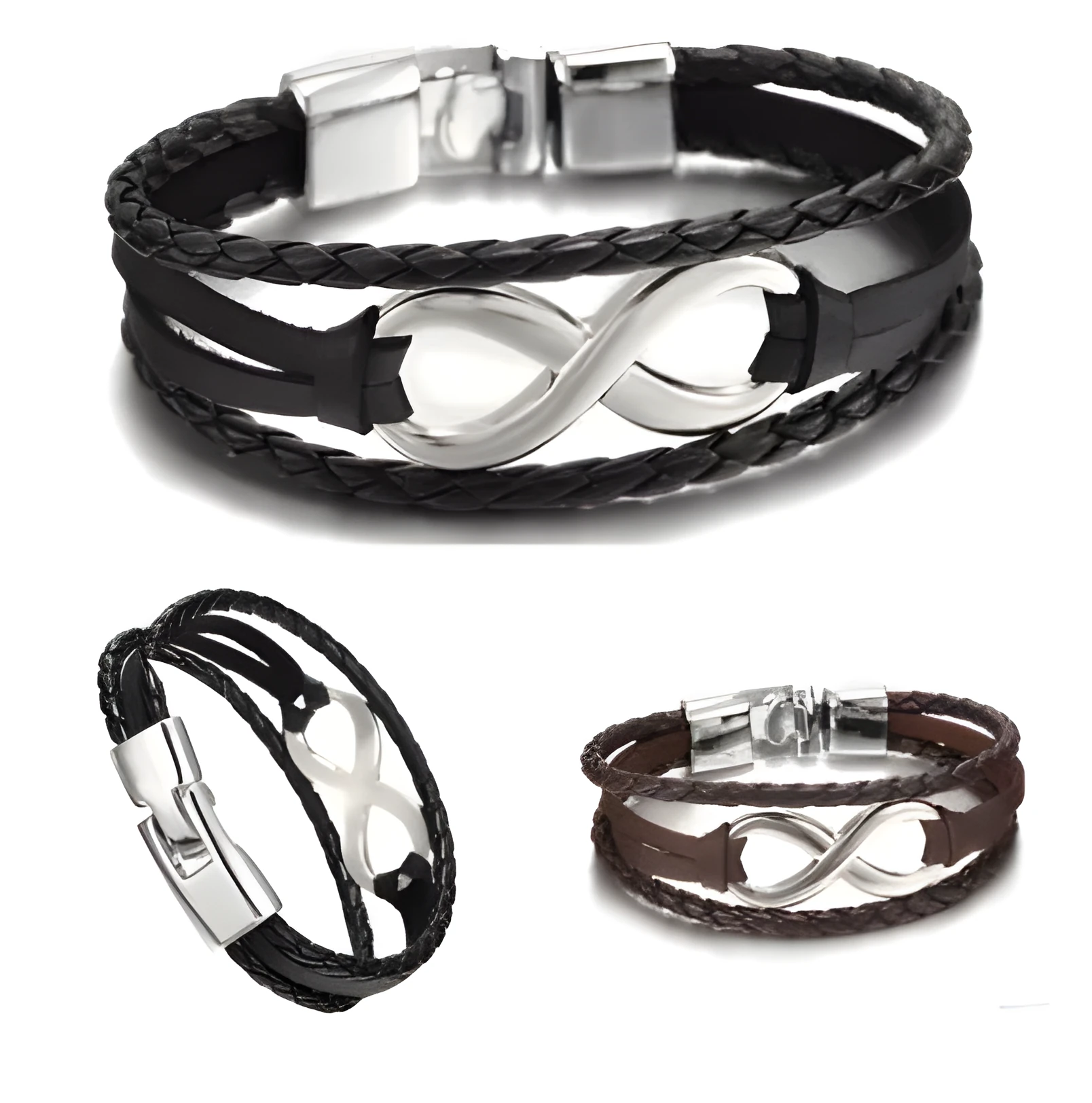 Unisex leather figure 8 bracelet in black and brown colours, geometric shape, individually packed