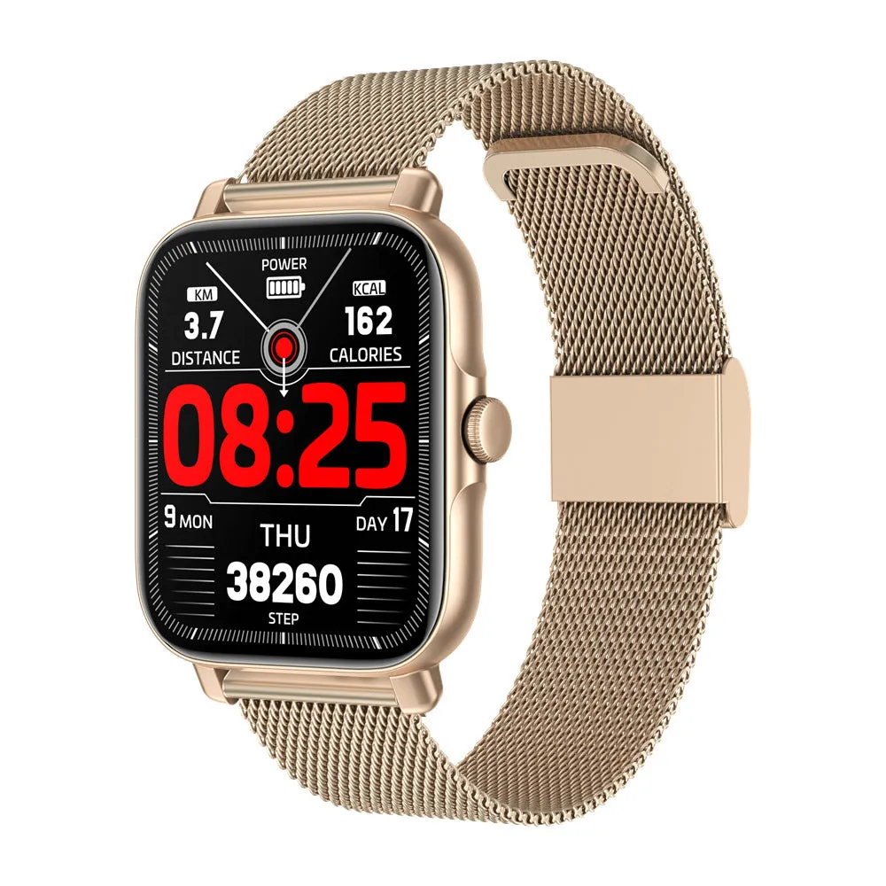Magnetic Charging Smartwatch Sports Model with aluminium alloy watchcase in silver steel finish on wrist showing Bluetooth calling and touch operation