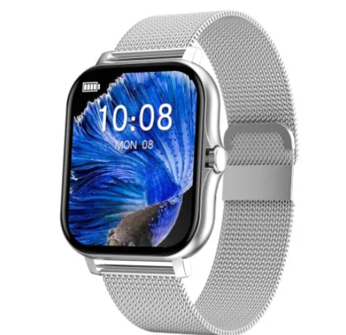 Magnetic Charging Smartwatch Sports Model with aluminium alloy watchcase in silver steel finish on wrist showing Bluetooth calling and touch operation