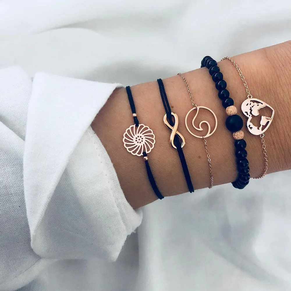 Bohemian bracelet set with alloy vintage bead and boho charm design in bow love style for women