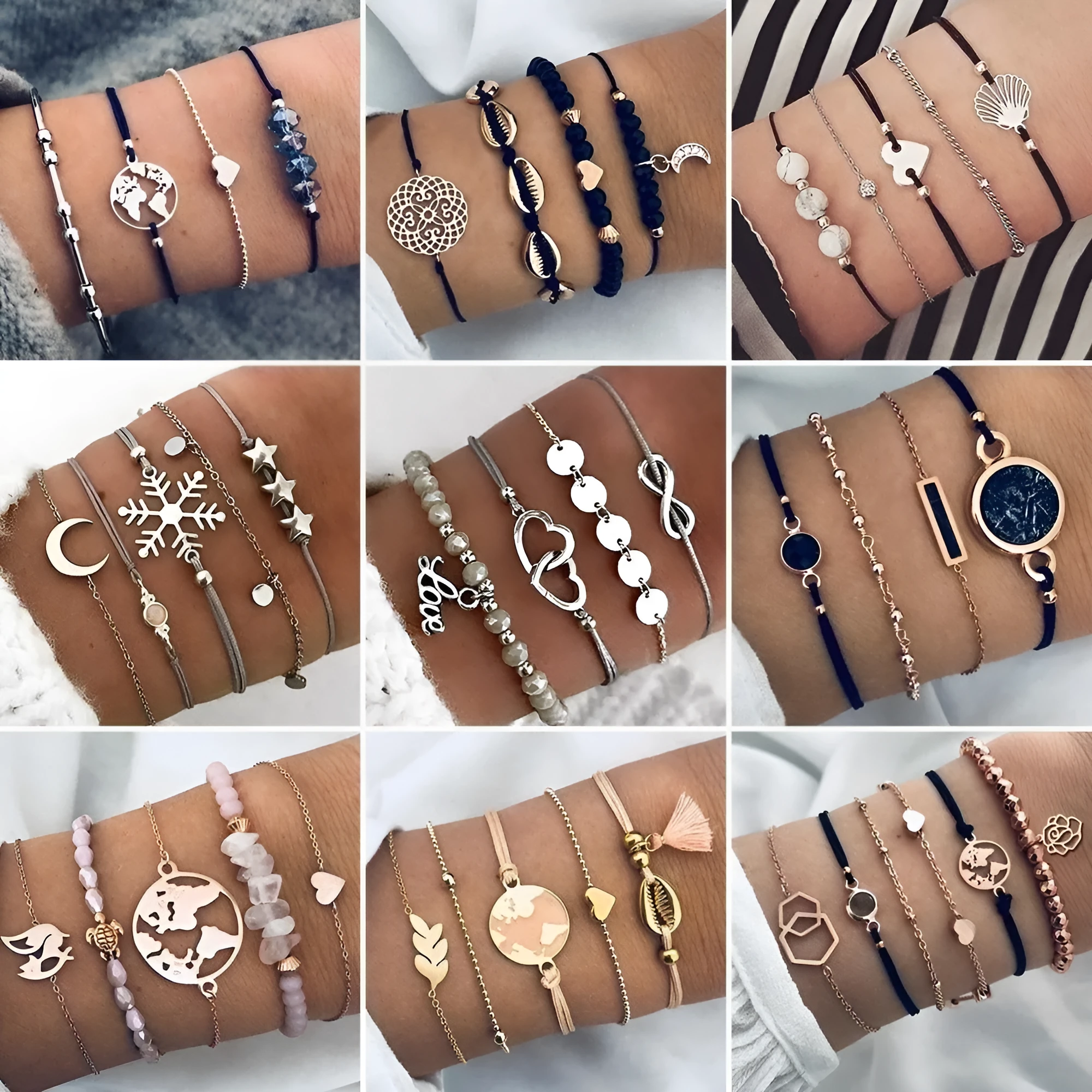 Bohemian bracelet set with alloy vintage bead and boho charm design in bow love style for women