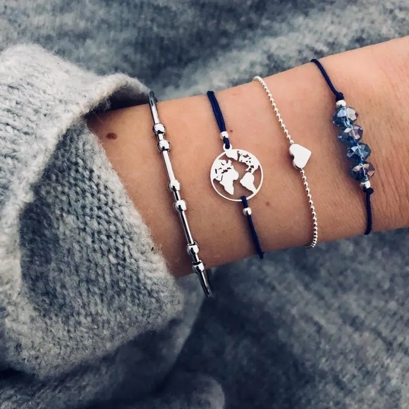 Bohemian bracelet set with alloy vintage bead and boho charm design in bow love style for women