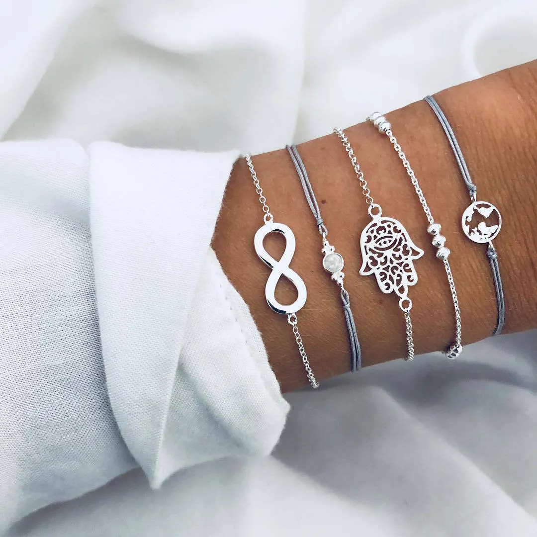 Bohemian bracelet set with alloy vintage bead and boho charm design in bow love style for women