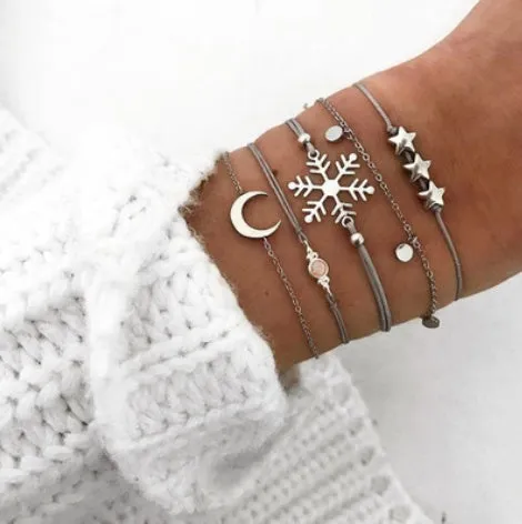 Bohemian bracelet set with alloy vintage bead and boho charm design in bow love style for women