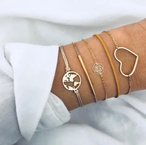 Bohemian bracelet set with alloy vintage bead and boho charm design in bow love style for women