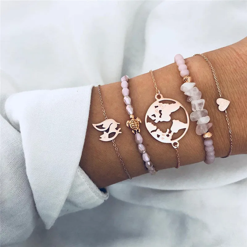 Bohemian bracelet set with alloy vintage bead and boho charm design in bow love style for women