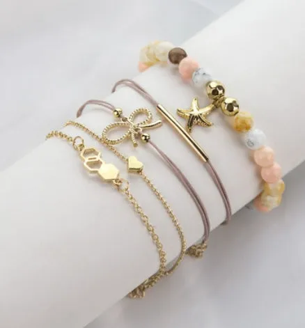 Bohemian bracelet set with alloy vintage bead and boho charm design in bow love style for women
