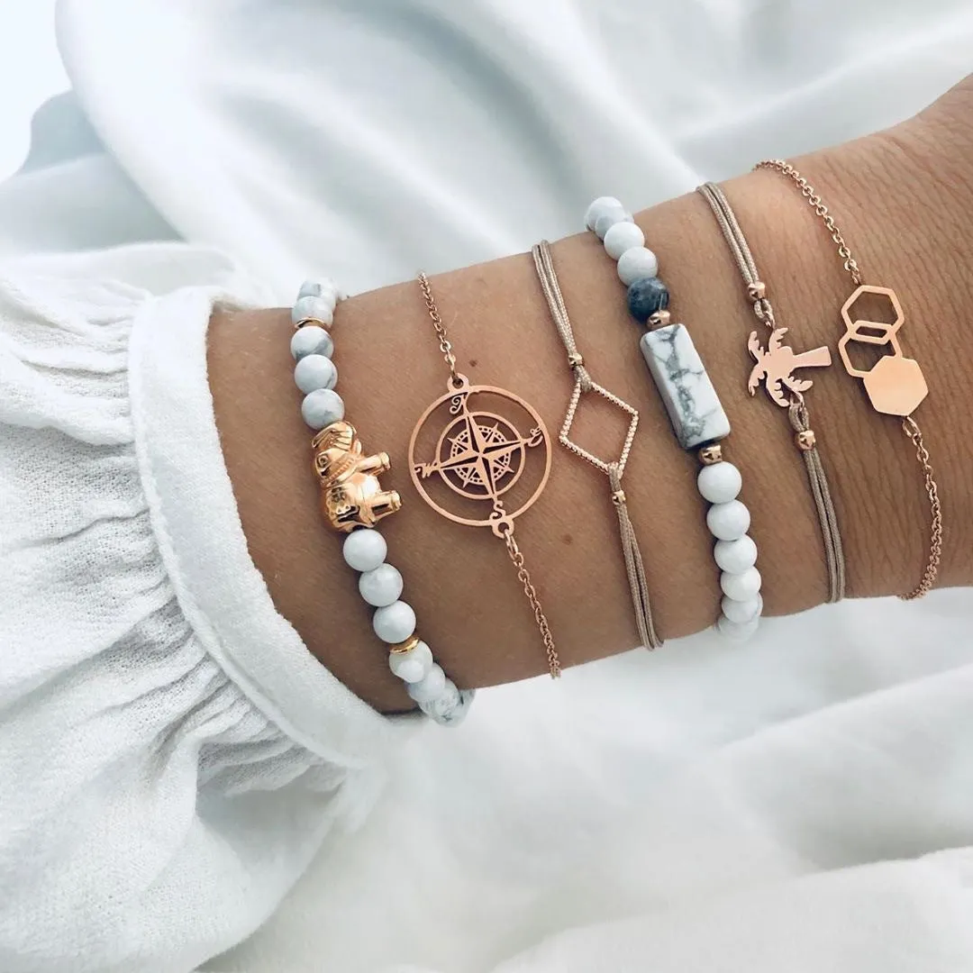 Bohemian bracelet set with alloy vintage bead and boho charm design in bow love style for women