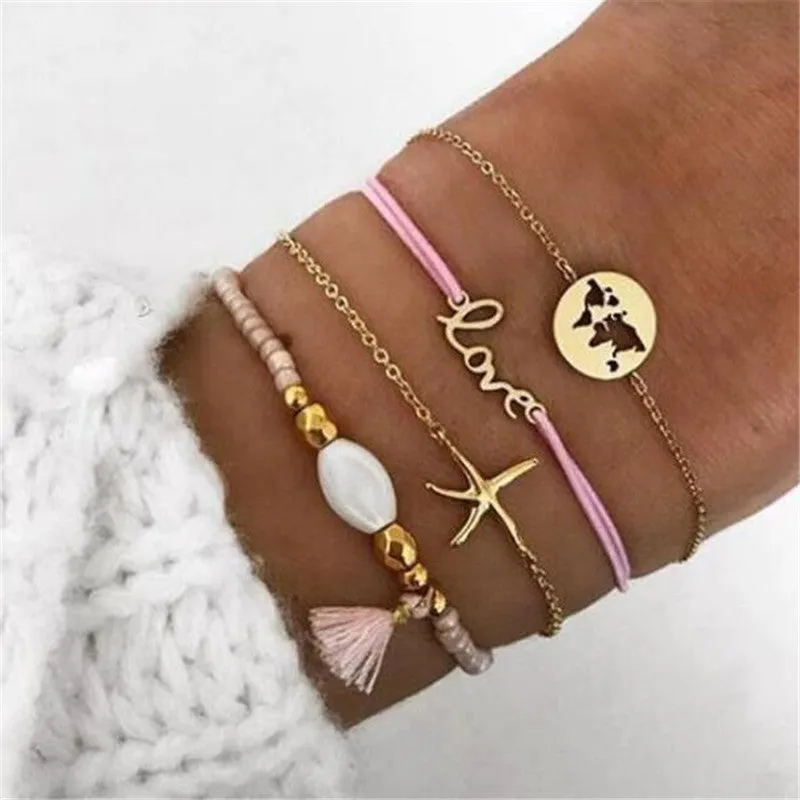 Bohemian bracelet set with alloy vintage bead and boho charm design in bow love style for women