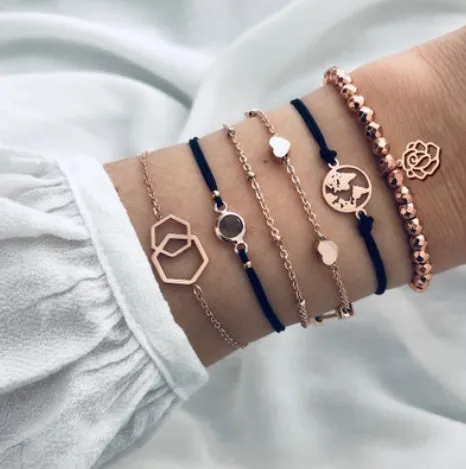 Bohemian bracelet set with alloy vintage bead and boho charm design in bow love style for women