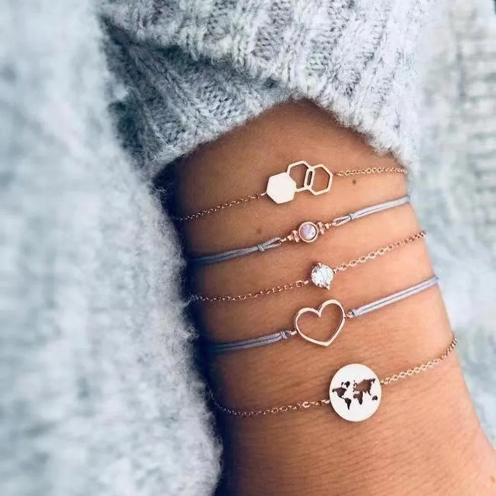 Bohemian bracelet set with alloy vintage bead and boho charm design in bow love style for women