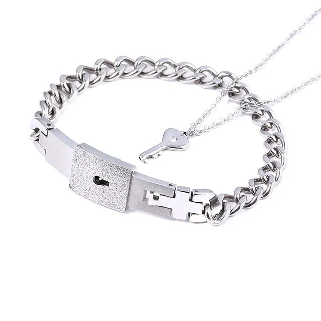 Titanium steel couple love lock bracelet key set necklace in electroplated finish