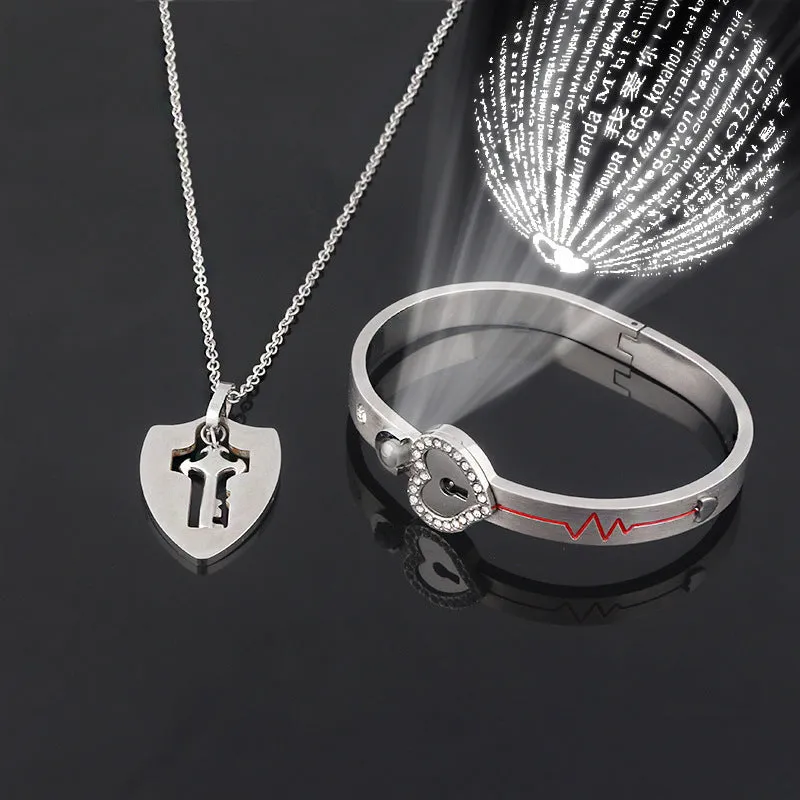 Titanium steel couple love lock bracelet key set necklace in electroplated finish