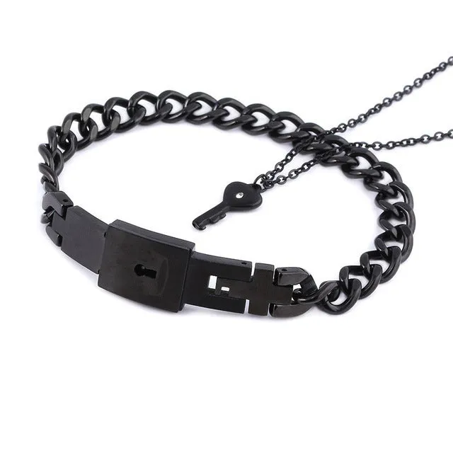 Titanium steel couple love lock bracelet key set necklace in electroplated finish