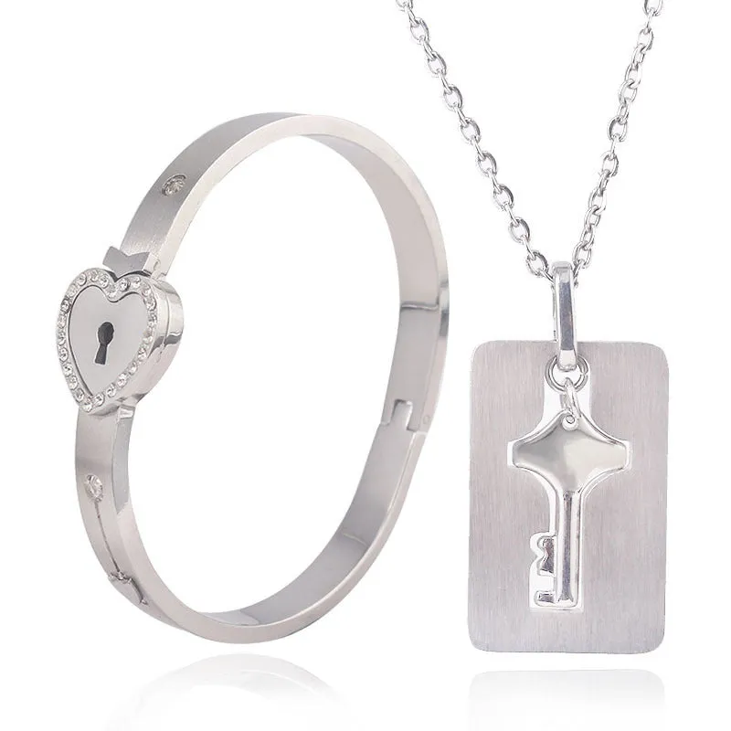 Titanium steel couple love lock bracelet key set necklace in electroplated finish