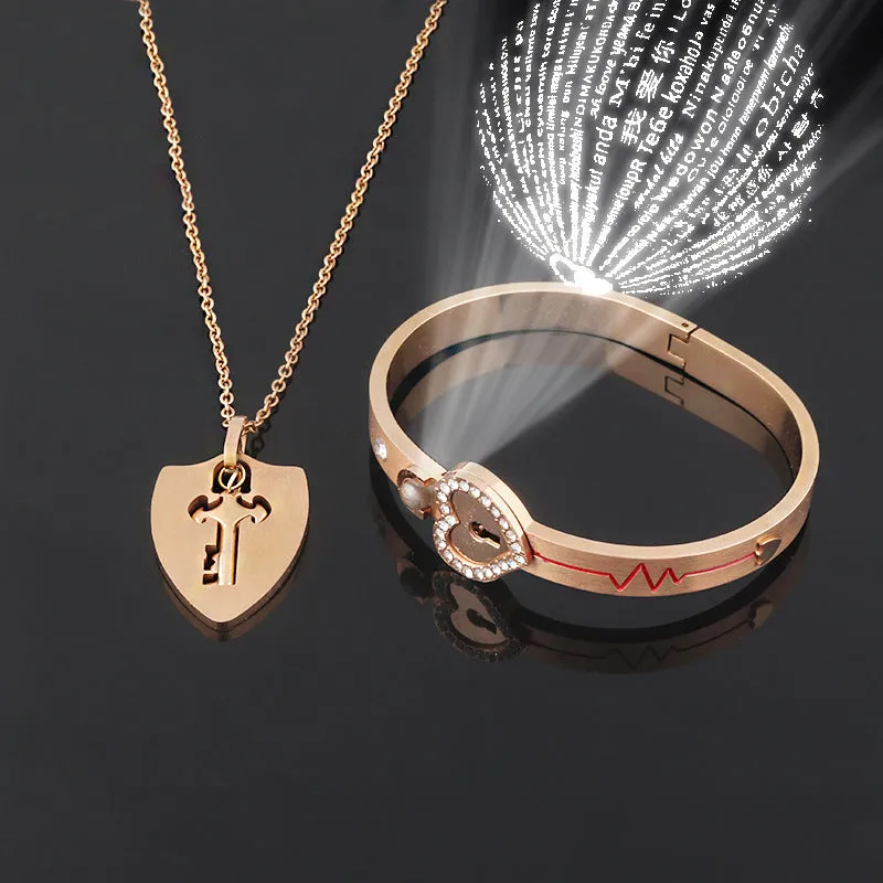 Titanium steel couple love lock bracelet key set necklace in electroplated finish