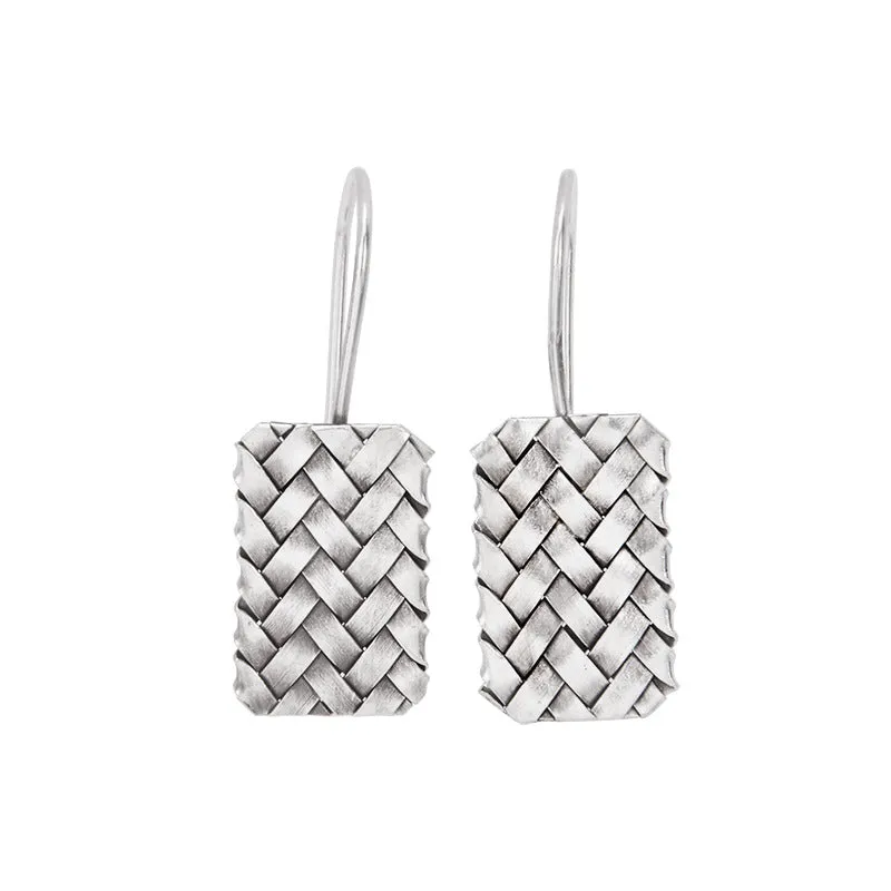 Geometric diamond plaid woven earrings in sterling silver measuring 17.5mm by 11mm