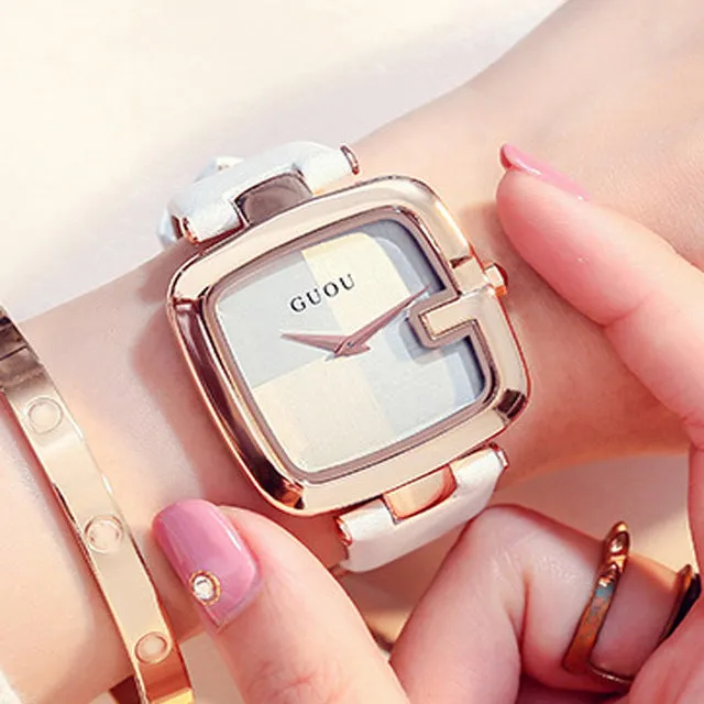 Square quartz watch with 36mm dial, leather strap, rose gold buckle, and mineral glass