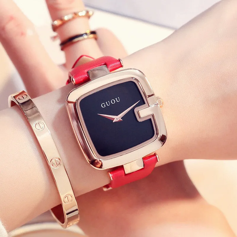 Square quartz watch with 36mm dial, leather strap, rose gold buckle, and mineral glass