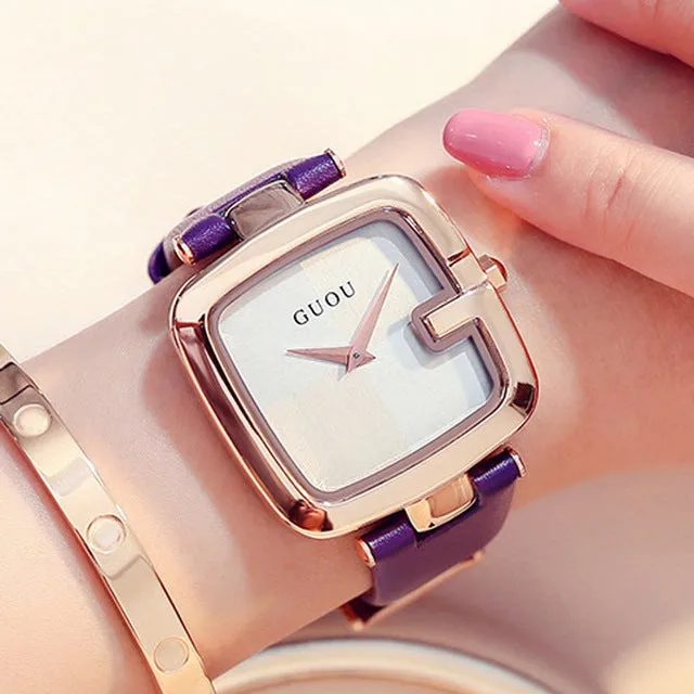 Square quartz watch with 36mm dial, leather strap, rose gold buckle, and mineral glass