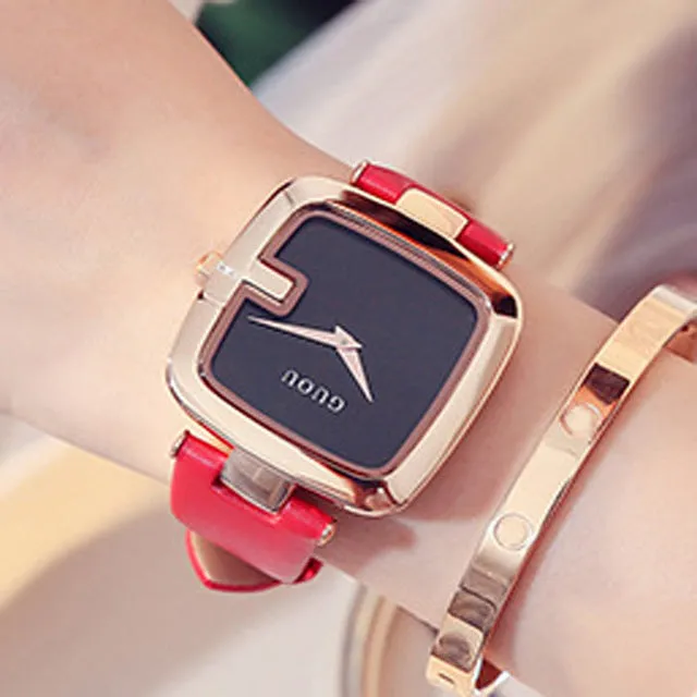 Square quartz watch with 36mm dial, leather strap, rose gold buckle, and mineral glass