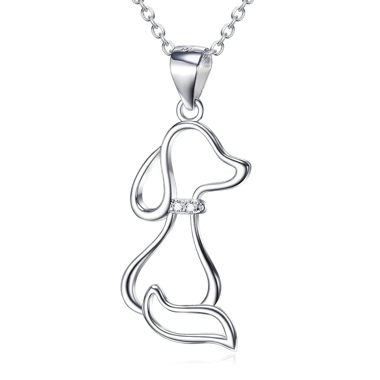 925 sterling silver dog pendant necklace with round bead chain on display