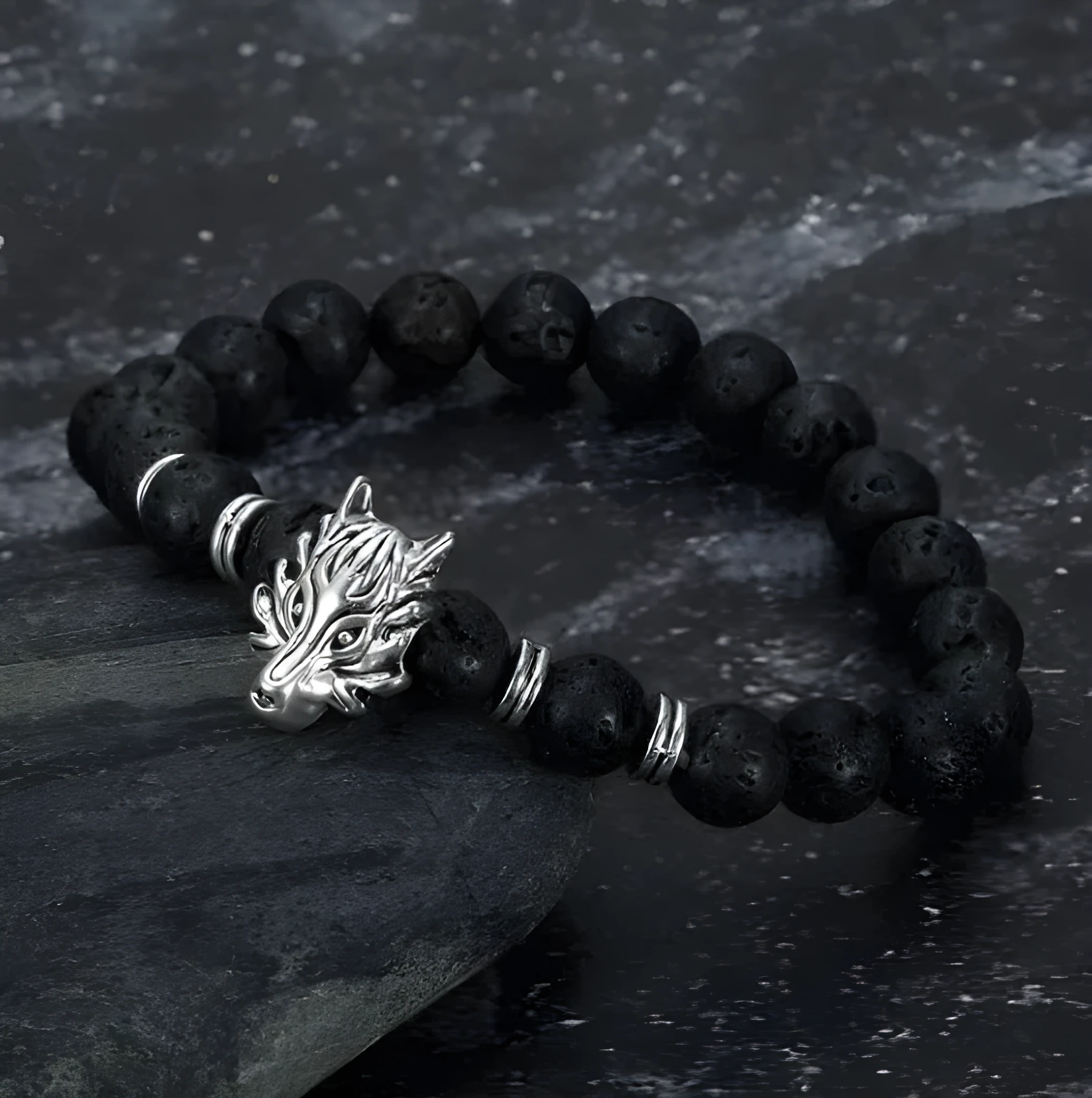 Asgard grey wolf head charm bracelet with lava stone beads on volcanic alloy chain