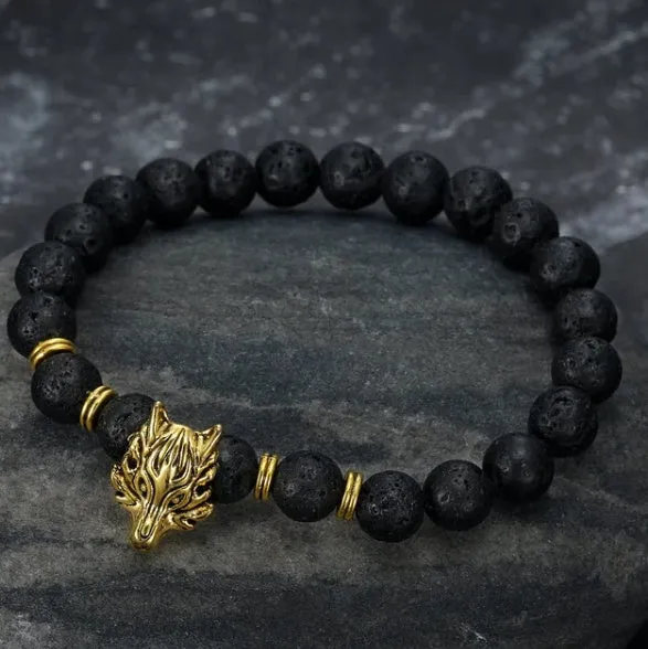 Asgard grey wolf head charm bracelet with lava stone beads on volcanic alloy chain
