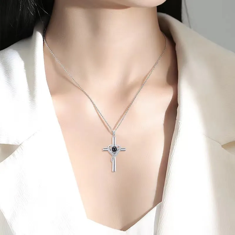 'I Love You' projection necklace pendant in copper with heart and cross design
