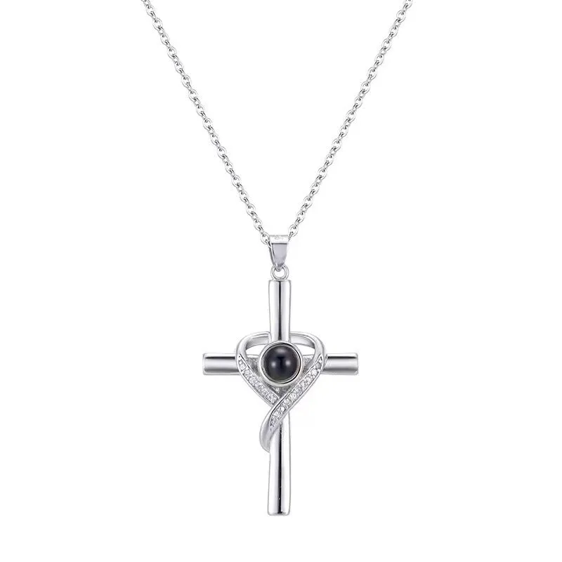'I Love You' projection necklace pendant in copper with heart and cross design