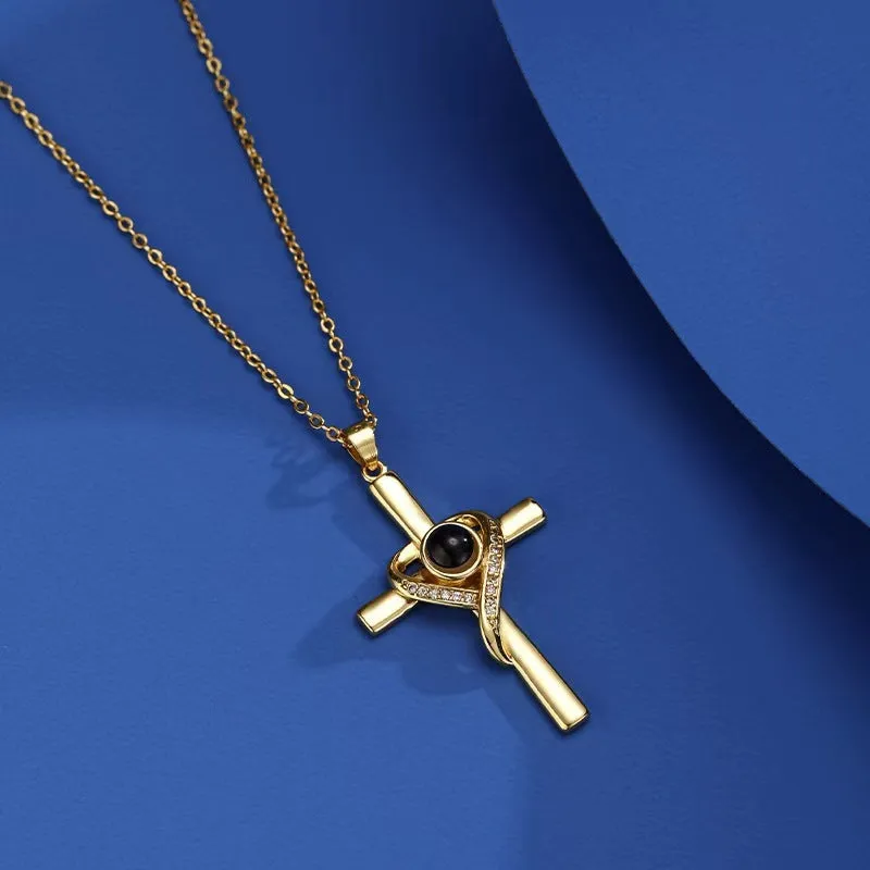 'I Love You' projection necklace pendant in copper with heart and cross design