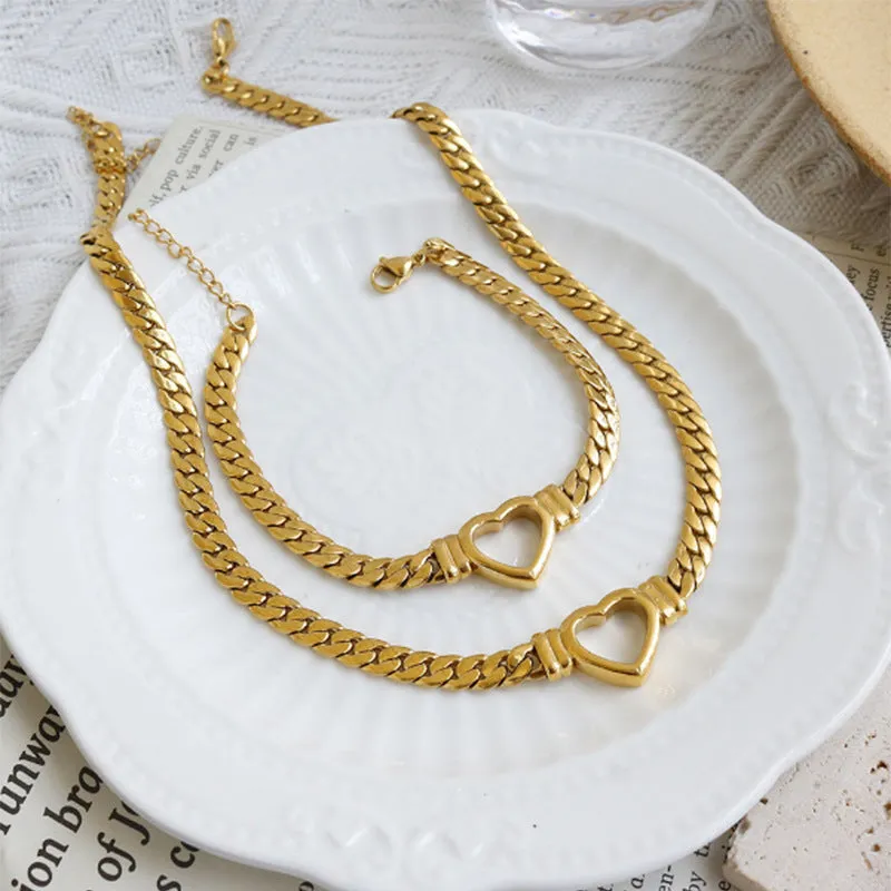 Gold personalised love chain necklace bracelet set with heart pendant on Cuban chain