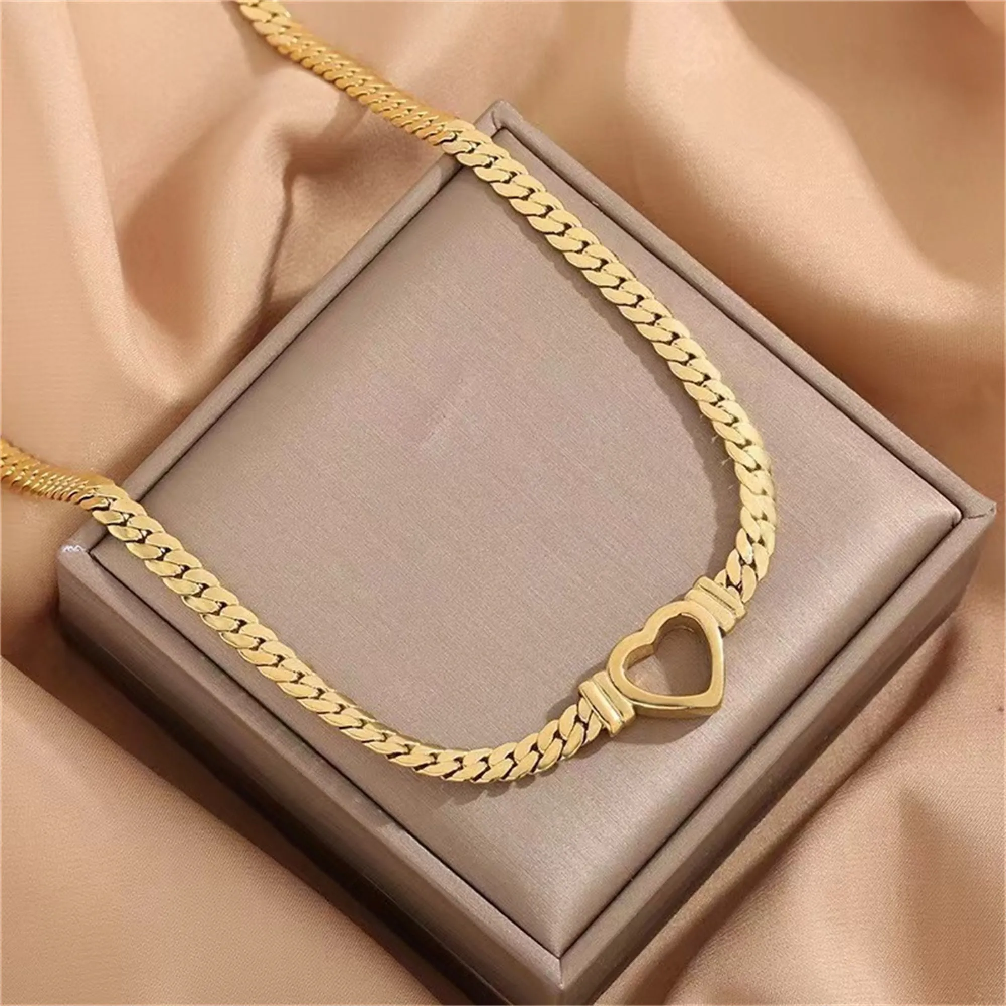 Gold personalised love chain necklace bracelet set with heart pendant on Cuban chain