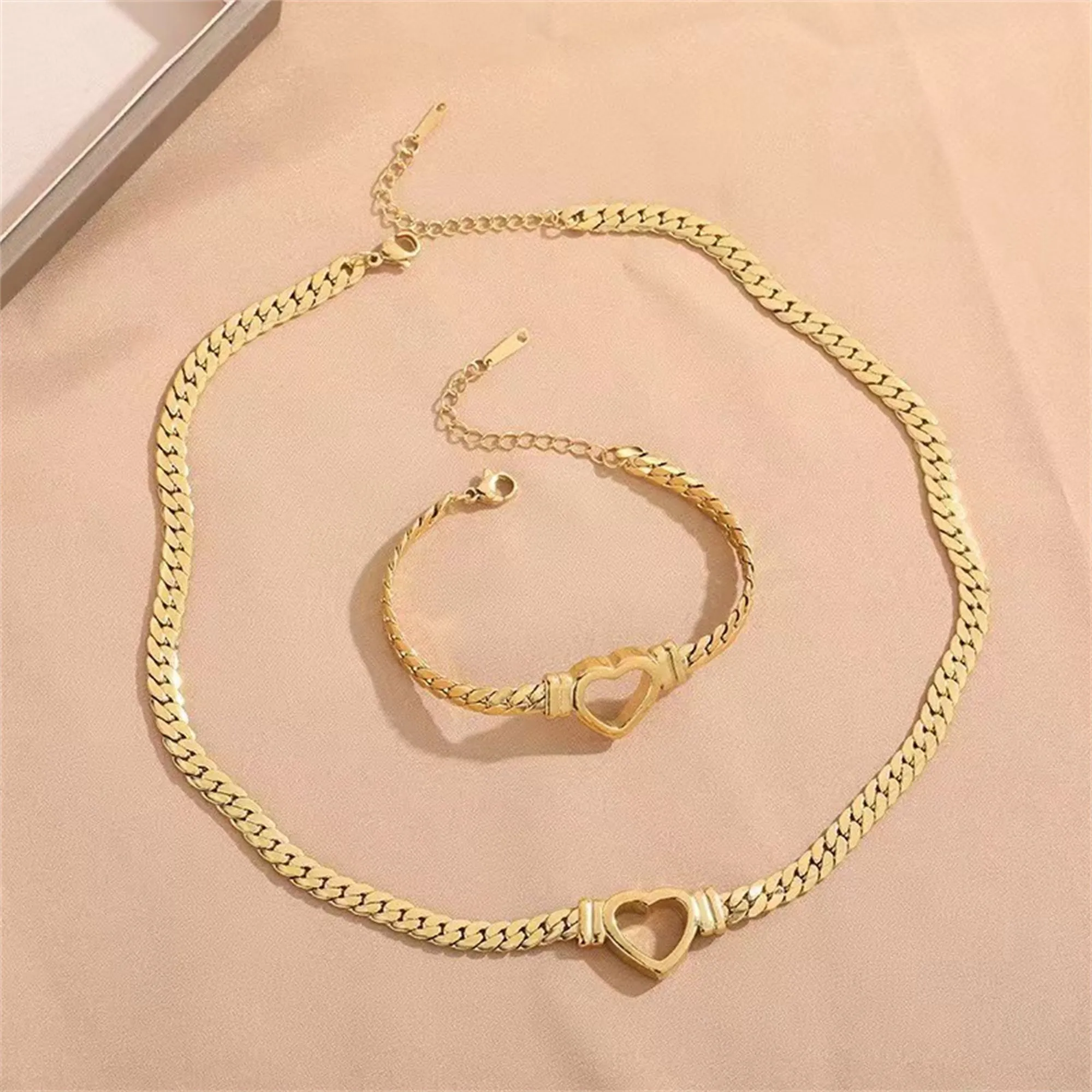 Gold personalised love chain necklace bracelet set with heart pendant on Cuban chain