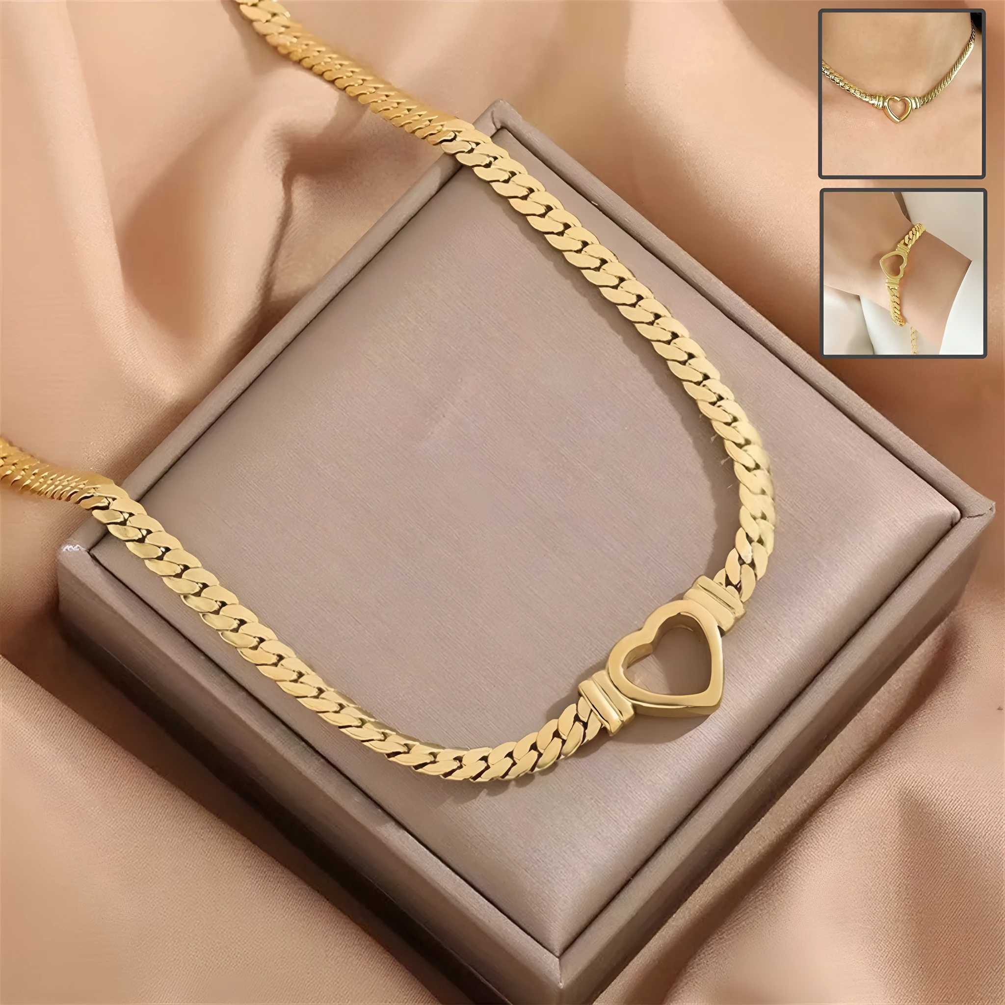 Gold personalised love chain necklace bracelet set with heart pendant on Cuban chain
