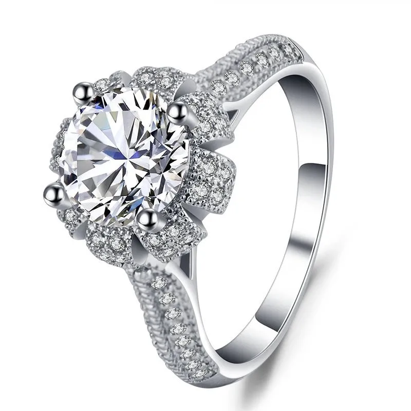 White copper ring with micro-inlaid zircon stones, geometrical Korean style, available sizes 6-10