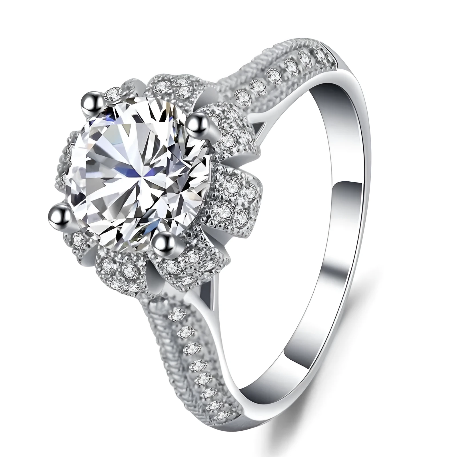 White copper ring with micro-inlaid zircon stones, geometrical Korean style, available sizes 6-10