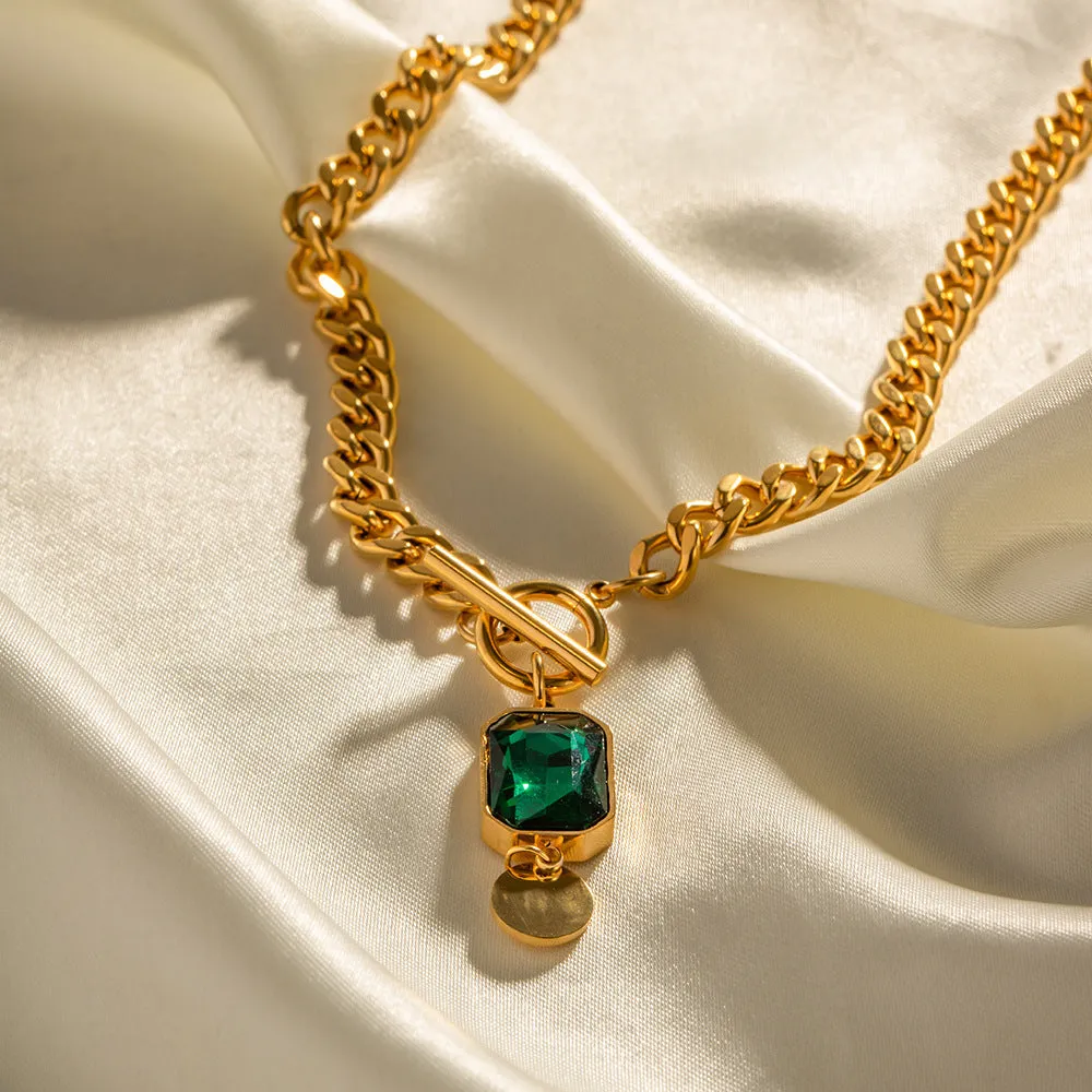 Gold French retro zircon pendant necklace with geometric round design on Cuban link chain