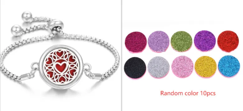 Hollow stainless steel adjustable aromatherapy bracelet with 20mm box diameter and electroplated alloy finish on white background